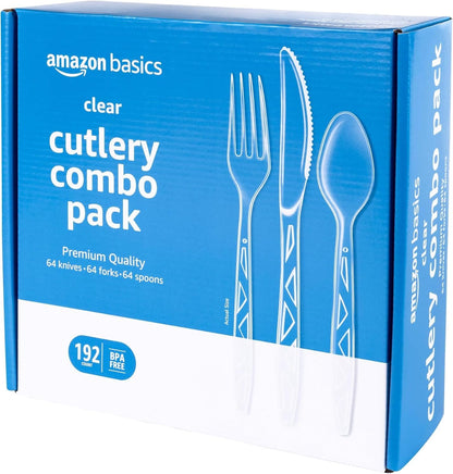 Amazon Basics 192-Piece Clear Plastic Cutlery Set – Heavy-Duty Disposable Forks, Spoons & Knives (64 Place Settings).