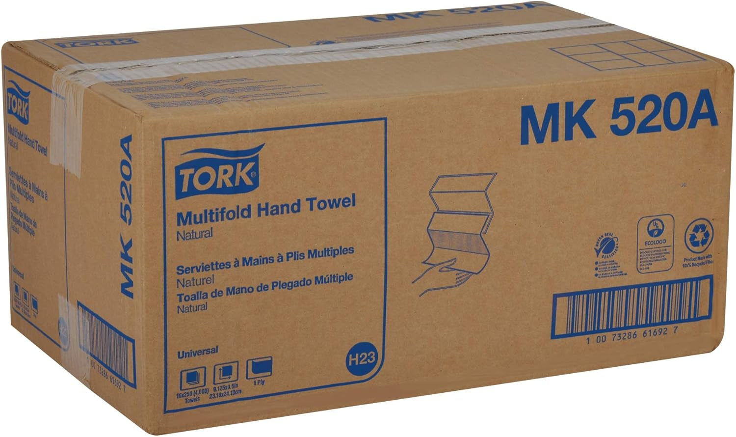 Multifold Hand Towel, Natural, 100% Recycled, FSC Certified, Compatible with H2 Dispensers, 16 Packs X 250 Sheets (MK520A) | 1-Ply Paper, 100% Recycled Fiber, 250 per Bundle, H2 Dispenser Compatible, Touch Free Dispensing, 9.5 X 9.1 In