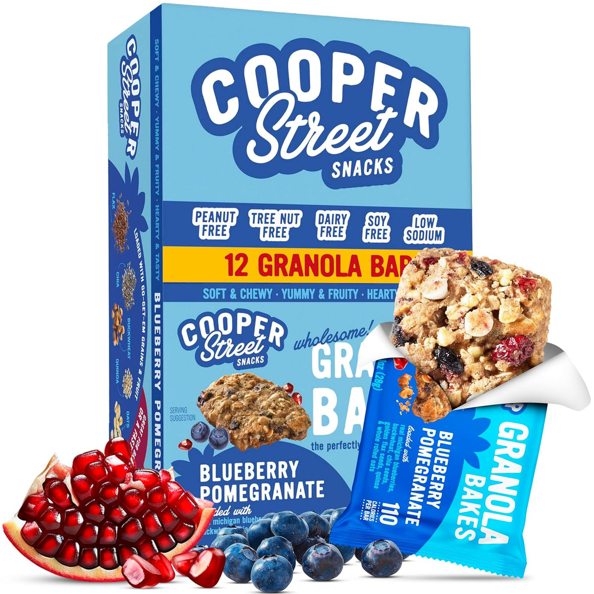 Granola Bakes - Soft Baked Oats, Grain & Seeds Breakfast Granola Cookie Bars - Nut & Dairy Free, Low Sodium, Healthy Lunchbox Snacks for Kids & Adults - Blueberry Pomegranate - 12 Pack