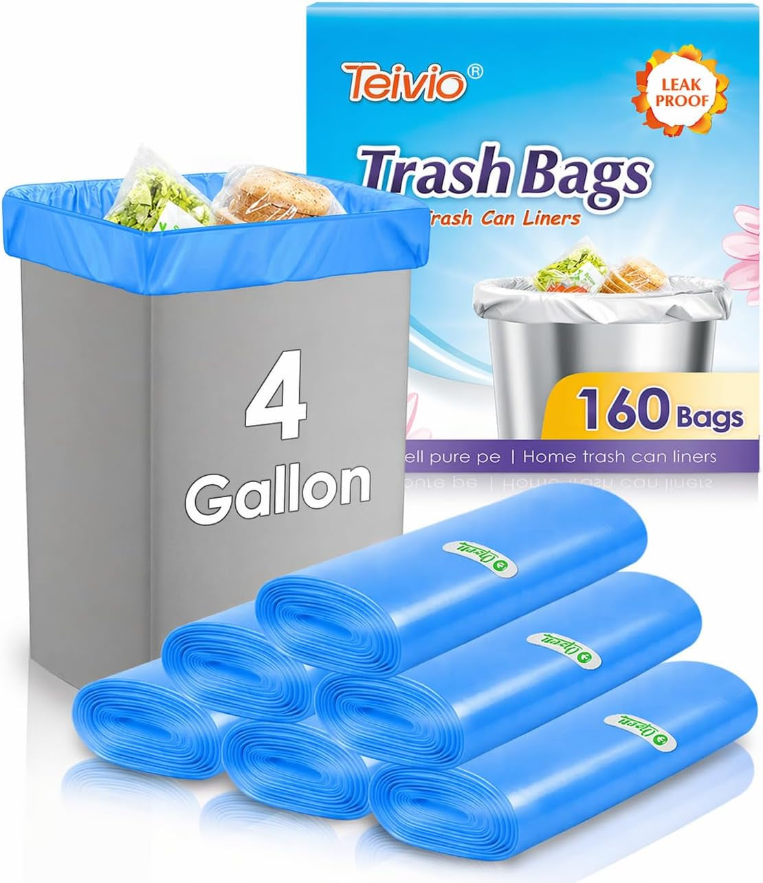 Small Trash Bags 4 Gallon 160 Counts Garbage Bags, Bathroom Trash Can Bin Liners, Small Plastic Bags for Home Office Kitchen, Fit 12-15 Liter, 3,3.5,4.5 Gal, Blue