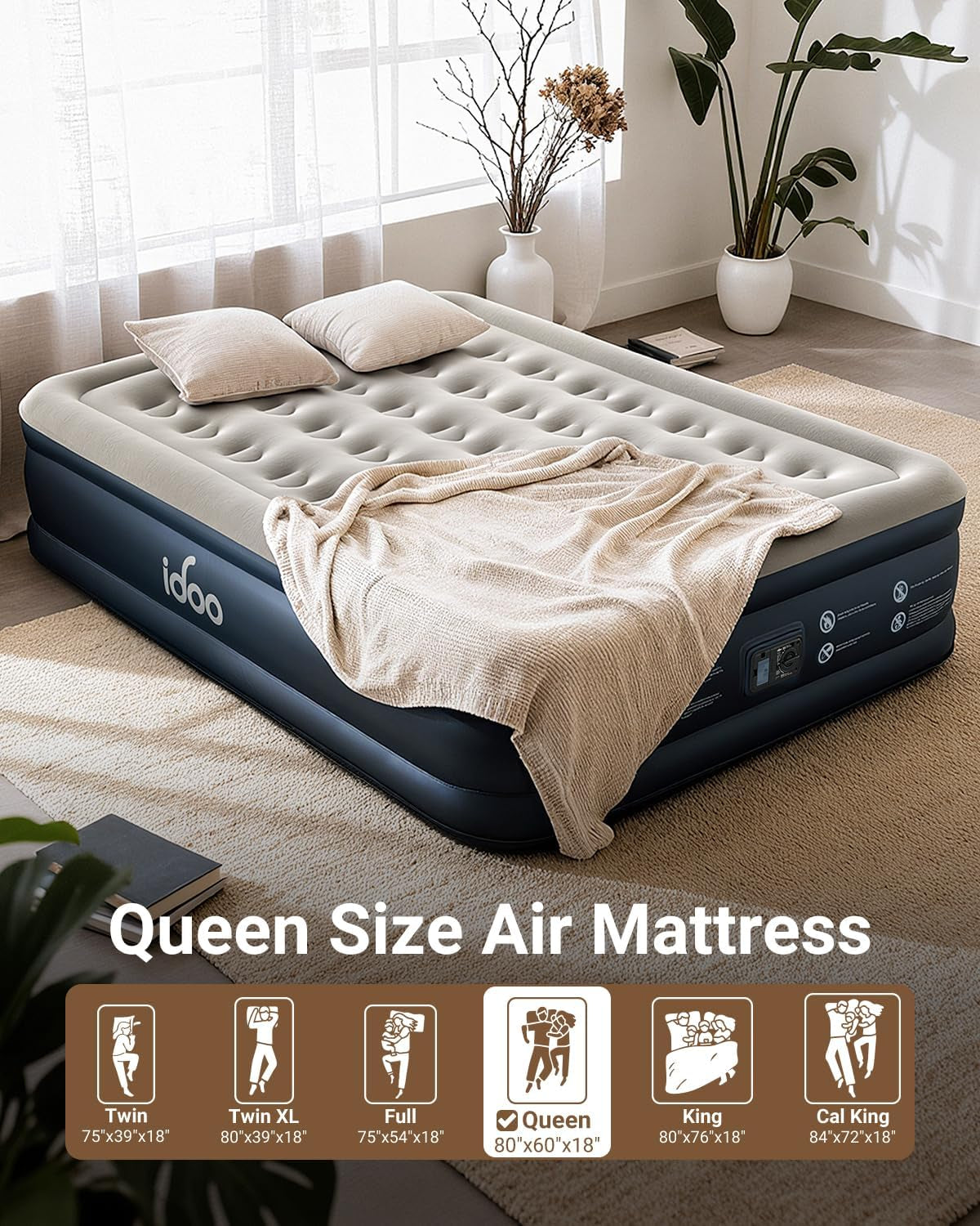 Queen Air Mattress with Built in Pump, 18" Raised Blow up Bed | Inflatable Mattress, Inflates in 3 Min, Advanced Air Coil Support,Thicker PVC, Waterproof, Repair Kit, 1-Year Warranty