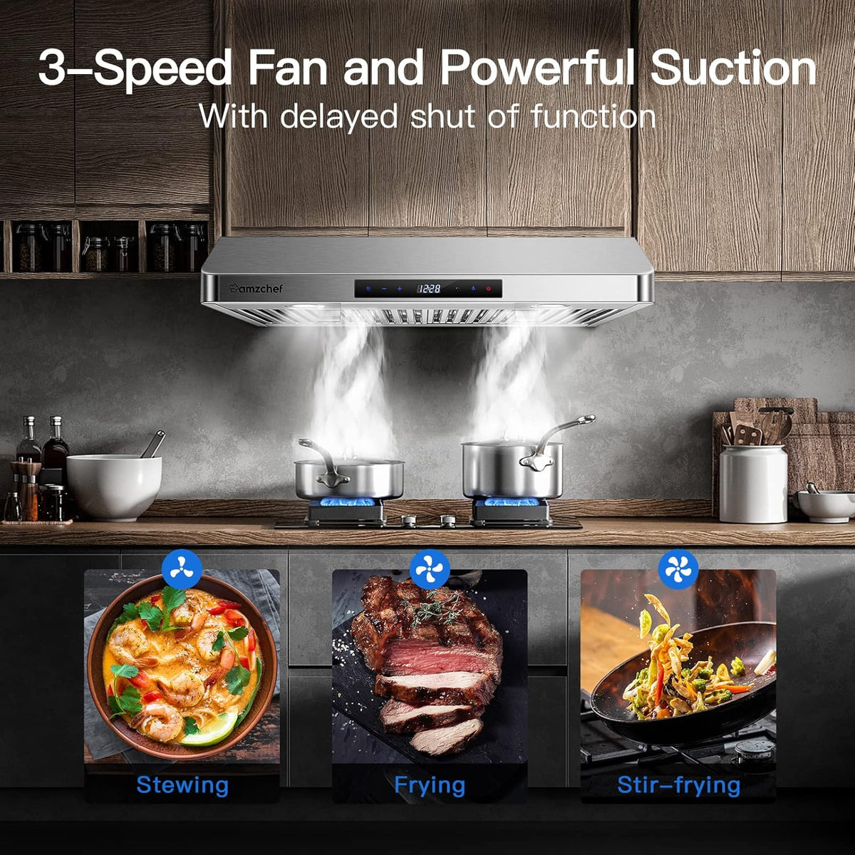 30" under Cabinet Range Hood, 750CFM Stainless Steel Vent Hood | Stainless Steel Hood with Touch/Remote/Gesture Control, Timer, LED Lights & Dishwasher-Safe Baffle Filters 3 Outlets