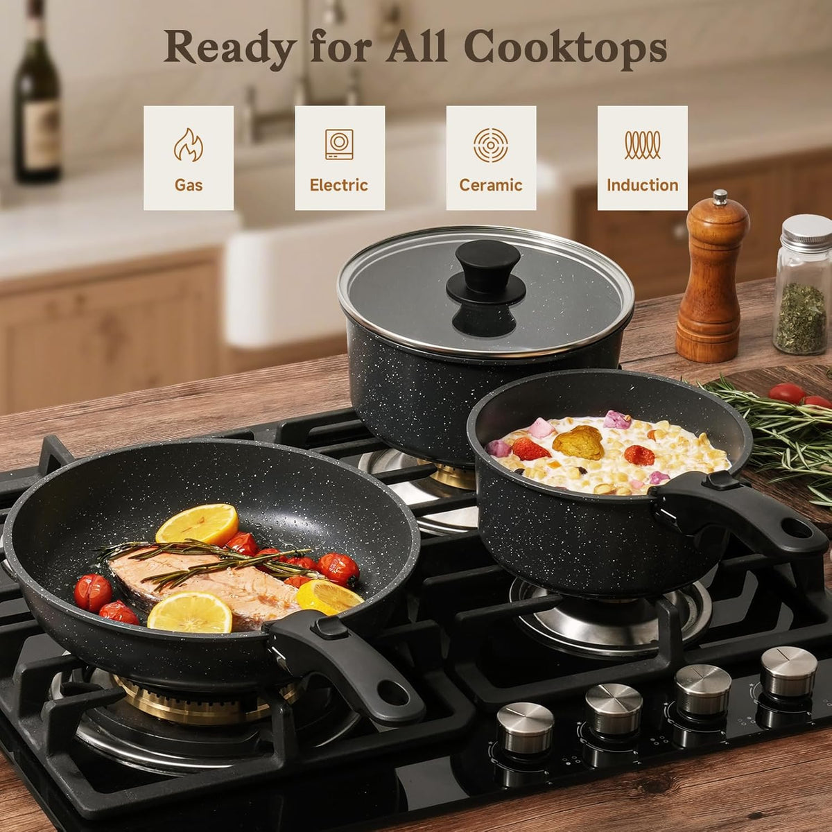 15Pcs Pots and Pans Set Non Stick, Detachable Handle, Induction | Nonstick,Black, Aluminum, Granite Coating,Induction Ready, RV Kitchen, Stackable Design, Space-Saving for Small Kitchens