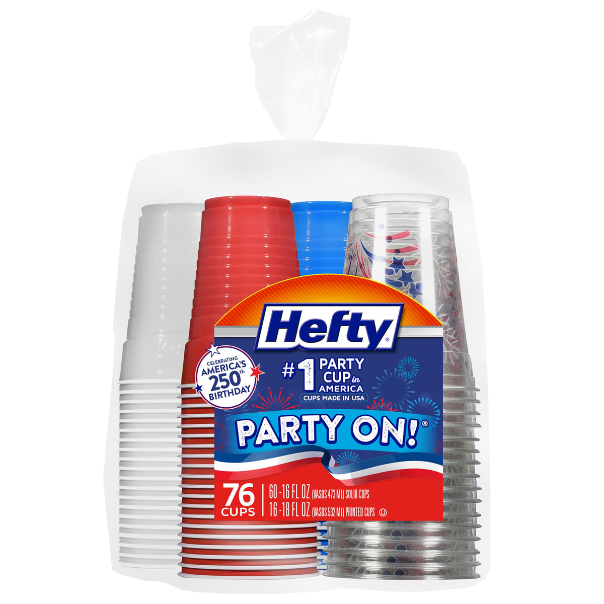 Hefty Party On Disposable Plastic Cups, Assorted, 16 Ounce, 100 Count