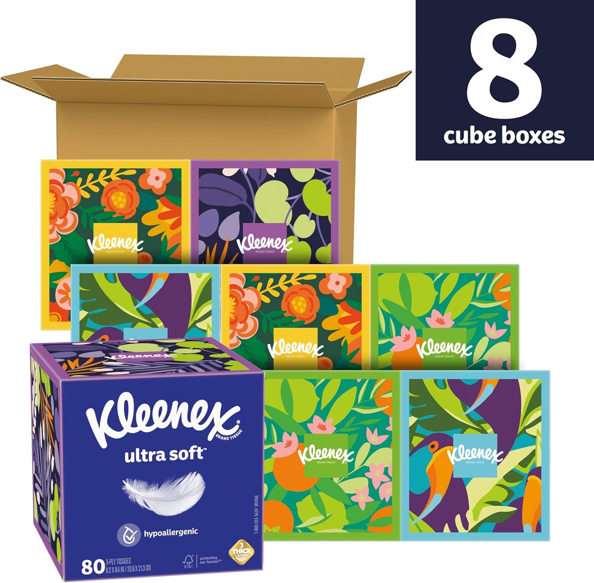 Kleenex Ultra Soft Facial Tissues, 8 Cube Boxes, 80 Tissues per Box