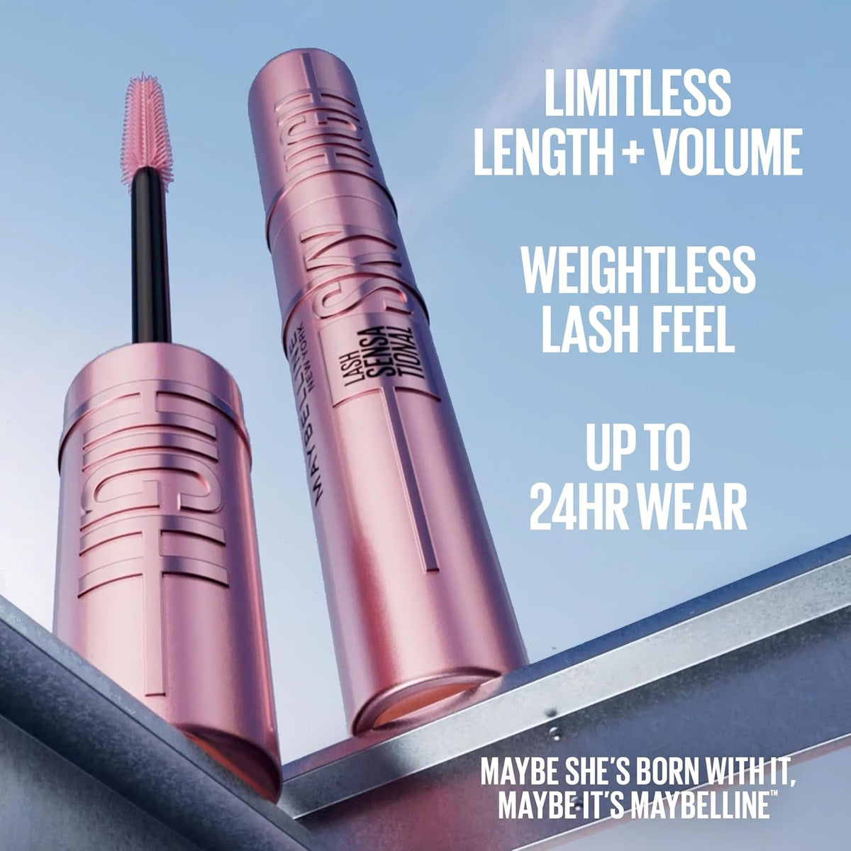 Máscara de pestañas Maybelline Sky High para alargar y dar volumen, fórmula lavable sin escamas con extracto de bambú, probada contra alergias y oftalmológicamente para ojos sensibles.