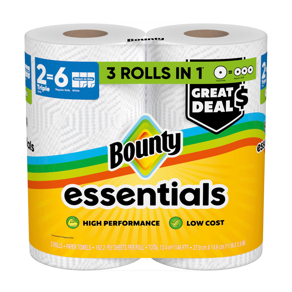 Bounty Essentials Select-A-Size Paper Towels, 6 Double Rolls, White, 108 Sheets Per Roll