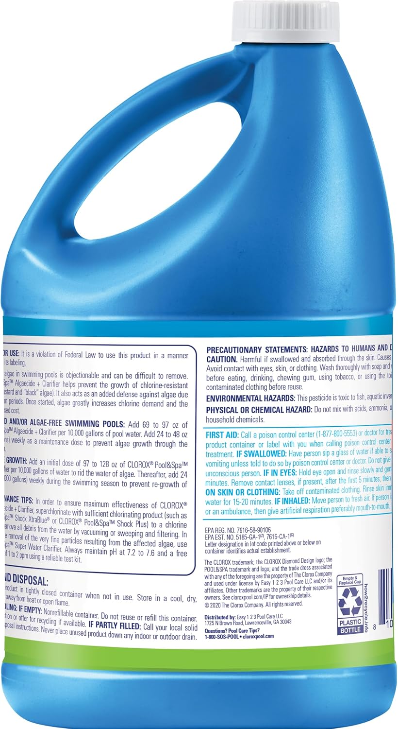 Crystal Clear Water Fast: Clorox Pool & Spa 2-in-1 Algaecide & Water Clarifier (1 Gallon / 128 Fl Oz) – Fast-Acting Green Pool Algae Treatment & Prevention.