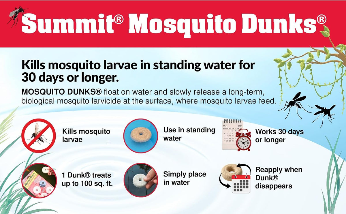 Summit Mosquito Dunks Standing Water Treatment – Organic BTI Mosquito Larvae Killer for Birdbaths, Ponds & Rain Gutters (Non-Toxic to Pets & Wildlife).