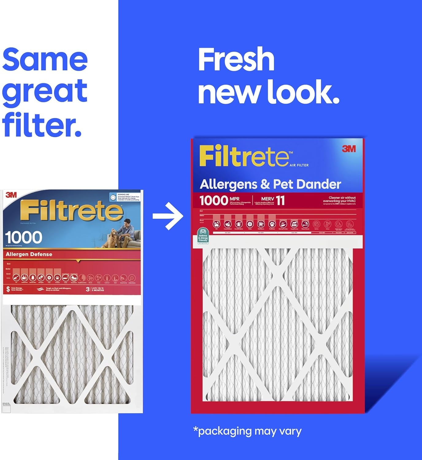 Filtrete 14X14X1 Air Filter, MERV 11, MPR 1000, Allergens & Pet Dander, 3-Month AC and Furnace Filters, Cleaner Air, Reliable Airflow, 2 HVAC Filters (Actual Size 13.68 X 13.68 X 0.81 In)