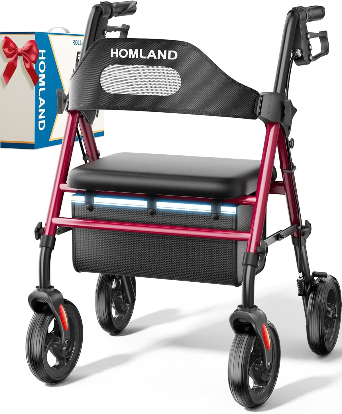 Foldable Rollator Walkers for Seniors with Seat, 16" Enlarged Seat | 350 Lb Sturdy Frame, 16"×12" Seat 1.9" Thick, 8" Big Wheels, Adjustable Height, Tool-Free Assembly, All Terrain Mobility Aid