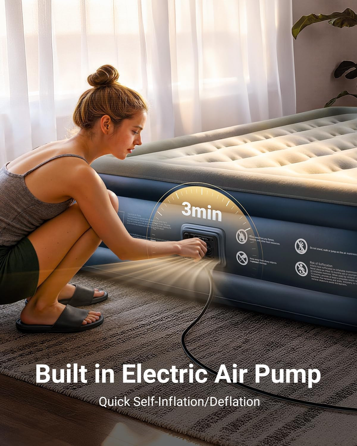 Queen Air Mattress with Built in Pump, 18" Raised Blow up Bed | Inflatable Mattress, Inflates in 3 Min, Advanced Air Coil Support,Thicker PVC, Waterproof, Repair Kit, 1-Year Warranty