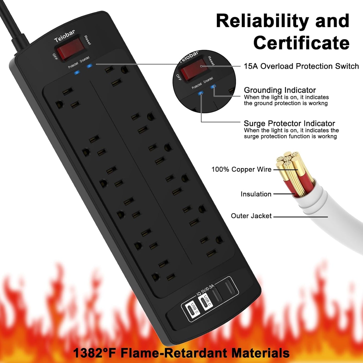 6 Ft Extension Cord Power Strip,  Surge Protector with 12 AC Outlets and 4 USB Ports for Home, Office, Dorm Essentials, 2700 Joules, ETL Listed, Black