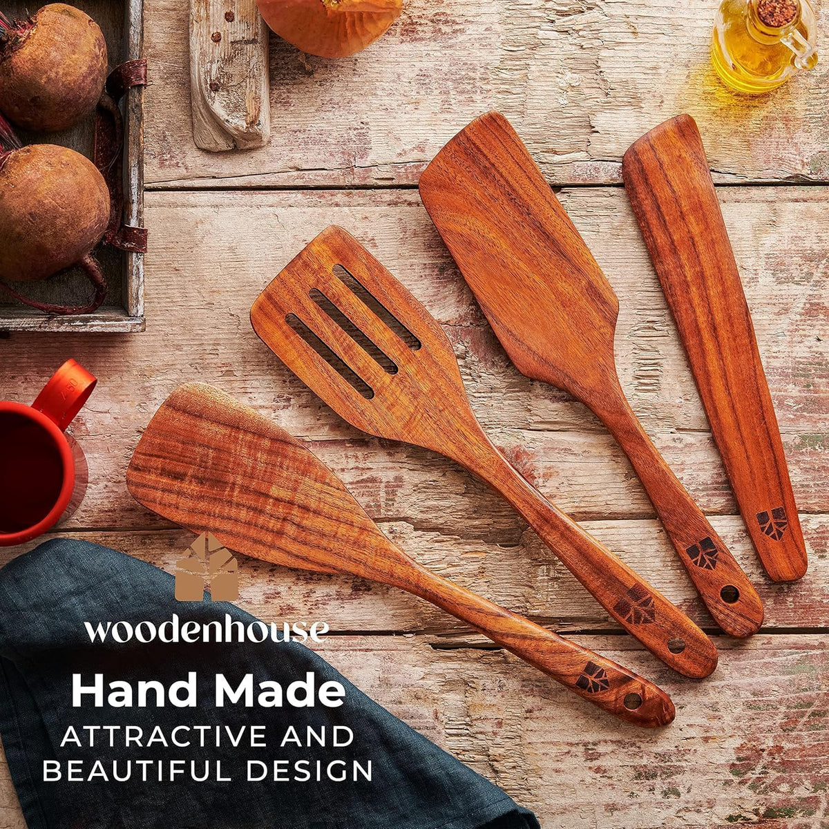 Wooden Spatula for Cooking, Teak Wood Set of 4 for Non Stick Frying Pan | Includes Paddle, Turner, Slotted Spurtle & Scraper – Long Ergonomic Handles, Scratch-Free Design