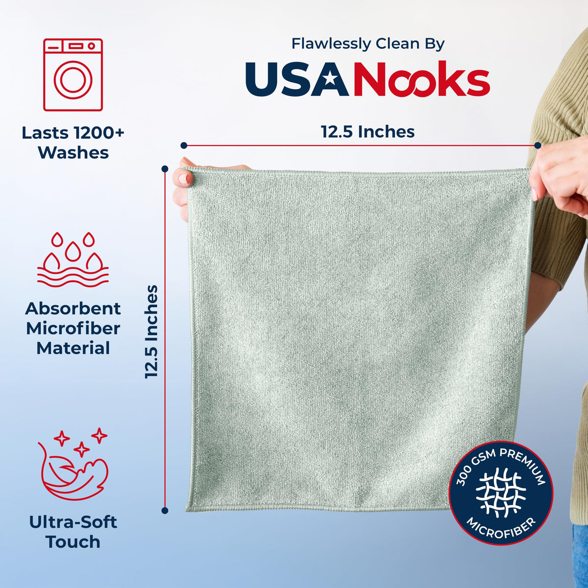 USANOOKS Microfiber Cleaning Cloth Grey - 12 Pcs (12.5"x12.5") - High Performance - 1200 Washes, Ultra Absorbent Microfiber Towel Weave Grime & Liquid for Streak-Free Mirror Shine - Car Washing Cloth
