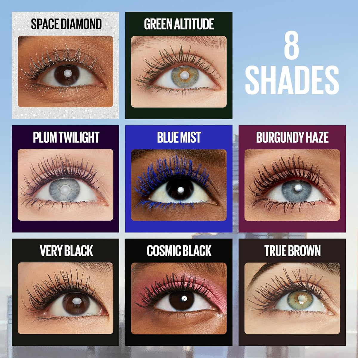 Máscara de pestañas Maybelline Sky High para alargar y dar volumen, fórmula lavable sin escamas con extracto de bambú, probada contra alergias y oftalmológicamente para ojos sensibles.