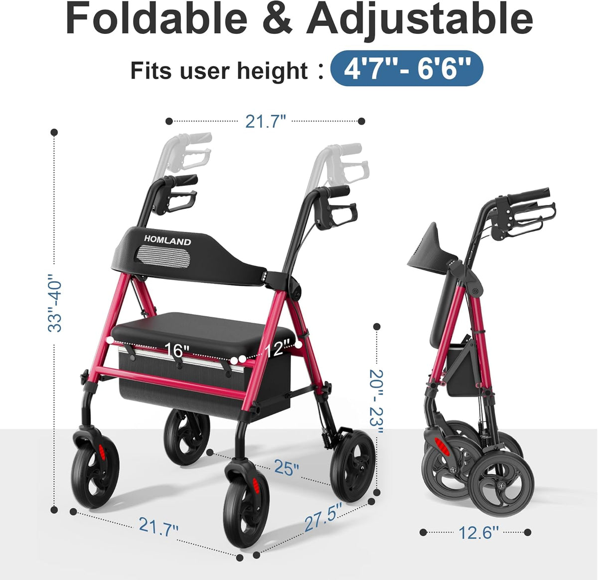 Foldable Rollator Walkers for Seniors with Seat, 16" Enlarged Seat | 350 Lb Sturdy Frame, 16"×12" Seat 1.9" Thick, 8" Big Wheels, Adjustable Height, Tool-Free Assembly, All Terrain Mobility Aid