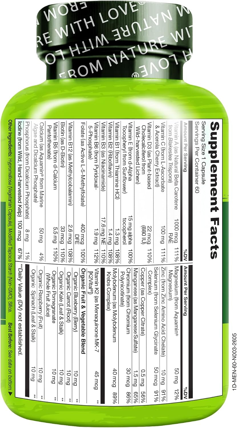 Mens Multivitamins - One Daily Multivitamin for Men with Vitamins, Minerals & Organic Whole Foods, Boost Energy & Health, Non-Gmo, 60 Vegetarian Capsules