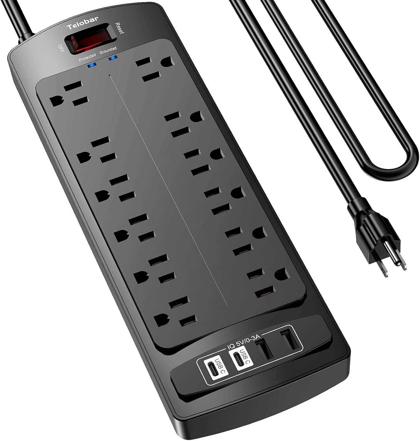 6 Ft Extension Cord Power Strip,  Surge Protector with 12 AC Outlets and 4 USB Ports for Home, Office, Dorm Essentials, 2700 Joules, ETL Listed, Black