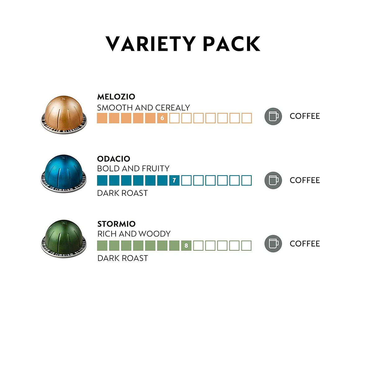 Capsules Vertuo, Variety Pack, Medium and Dark Roast Coffee, 30 Count Coffee Pods, Brews 7.8 Oz.
