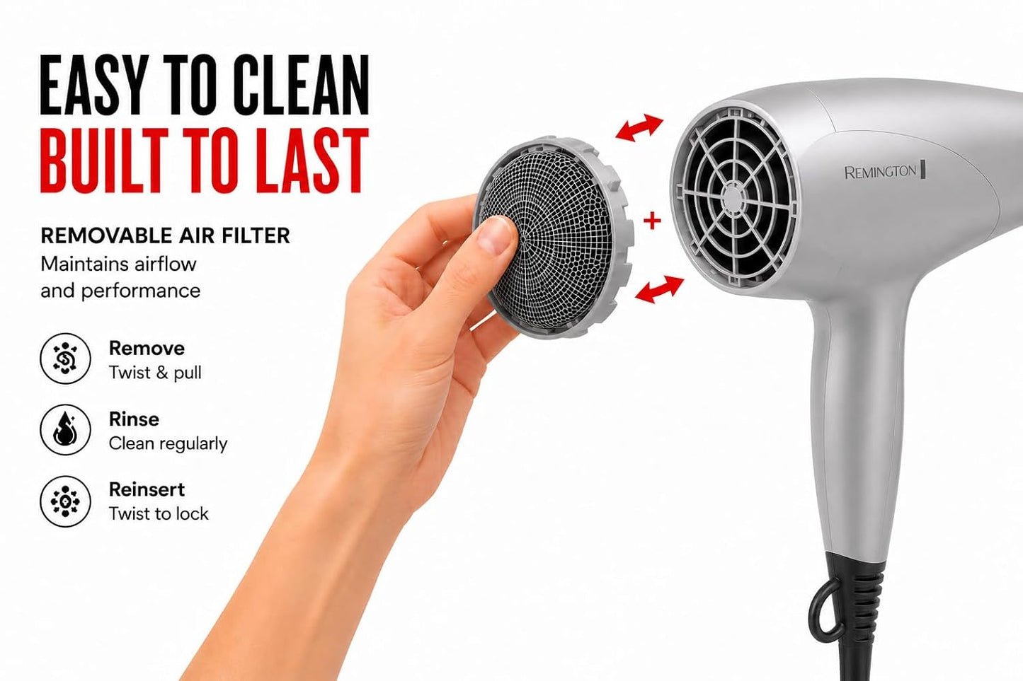 Damage Protection Hair Dryer, Ceramic Ionic Technology | Diffuser and Concentrator Attachments, 3 Piece Set, 1875W Power, 3 Heat and 2 Speed Settings