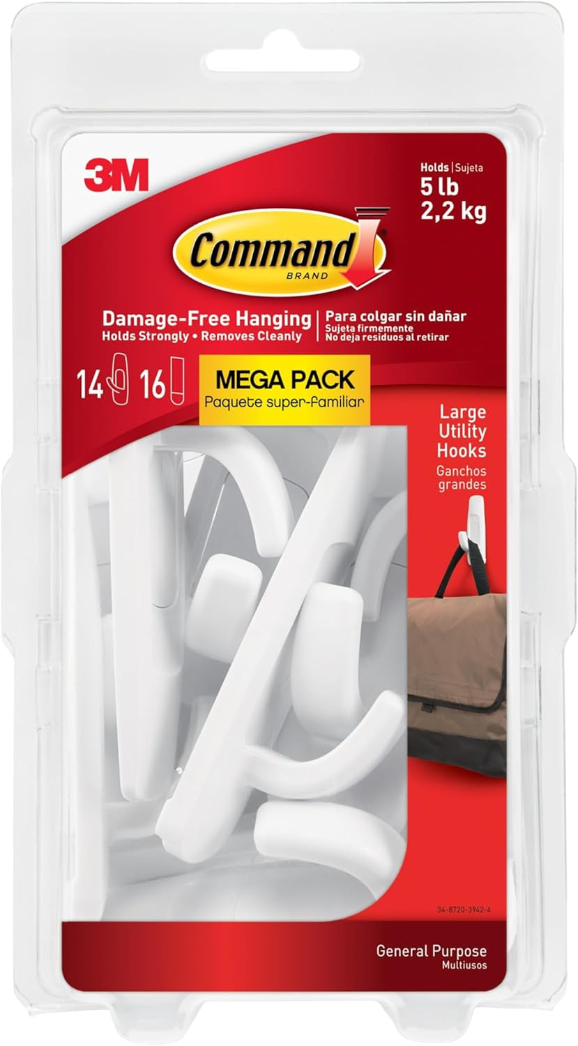 Command Large White Hooks, 14 Hooks, 16 Strips | Damage-Free Hanging Wall Hooks with Adhesive Strips, No Tools Adhesive Hooks for Hanging Decor, Holds up to 5 Lb