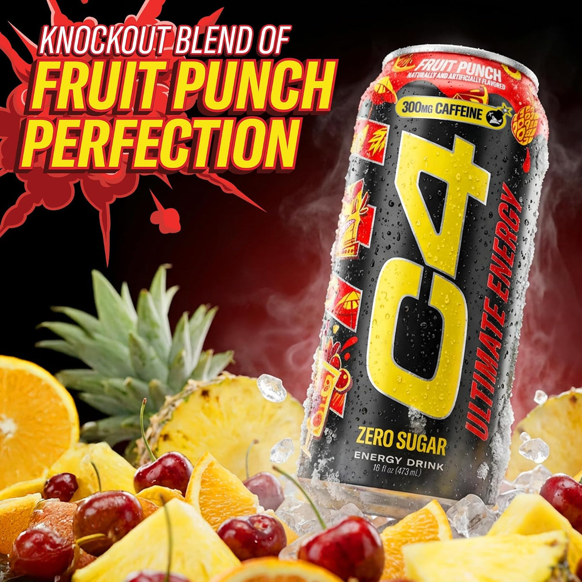 Ultimate Zero Sugar Energy Drink, Tri-Stim Experience with 300Mg Caffeine + Teacrine + Dynamine, Fruit Punch, 16Oz (Pack of 12)