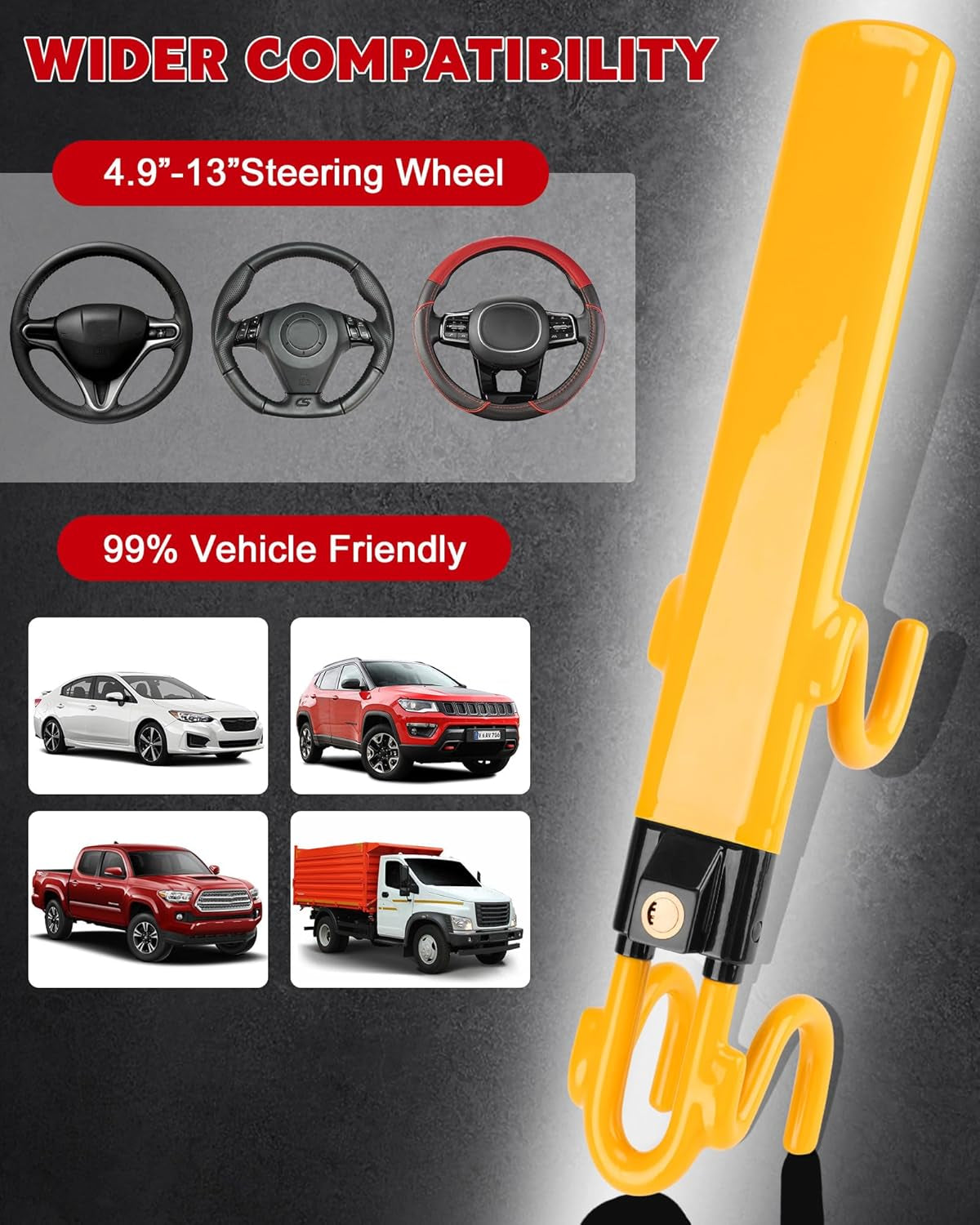 Steering Wheel Lock - Heavy Duty Antitheft Device and Car Security Lock with Adjustable Locking and 3 Keys - Great Vehicle and Truck Deterrent (Yellow)
