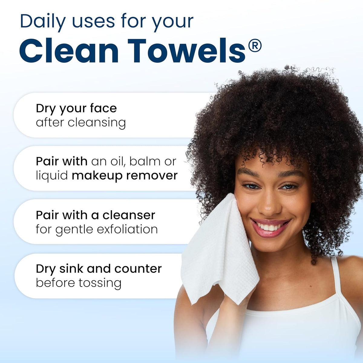 Clean Towels XL®, 100% USDA Biobased Face Towel, Disposable Face Towelette, Eczema Association Accepted, Makeup Remover Dry Wipes, Ultra Soft, 1 Pack, 50 Ct