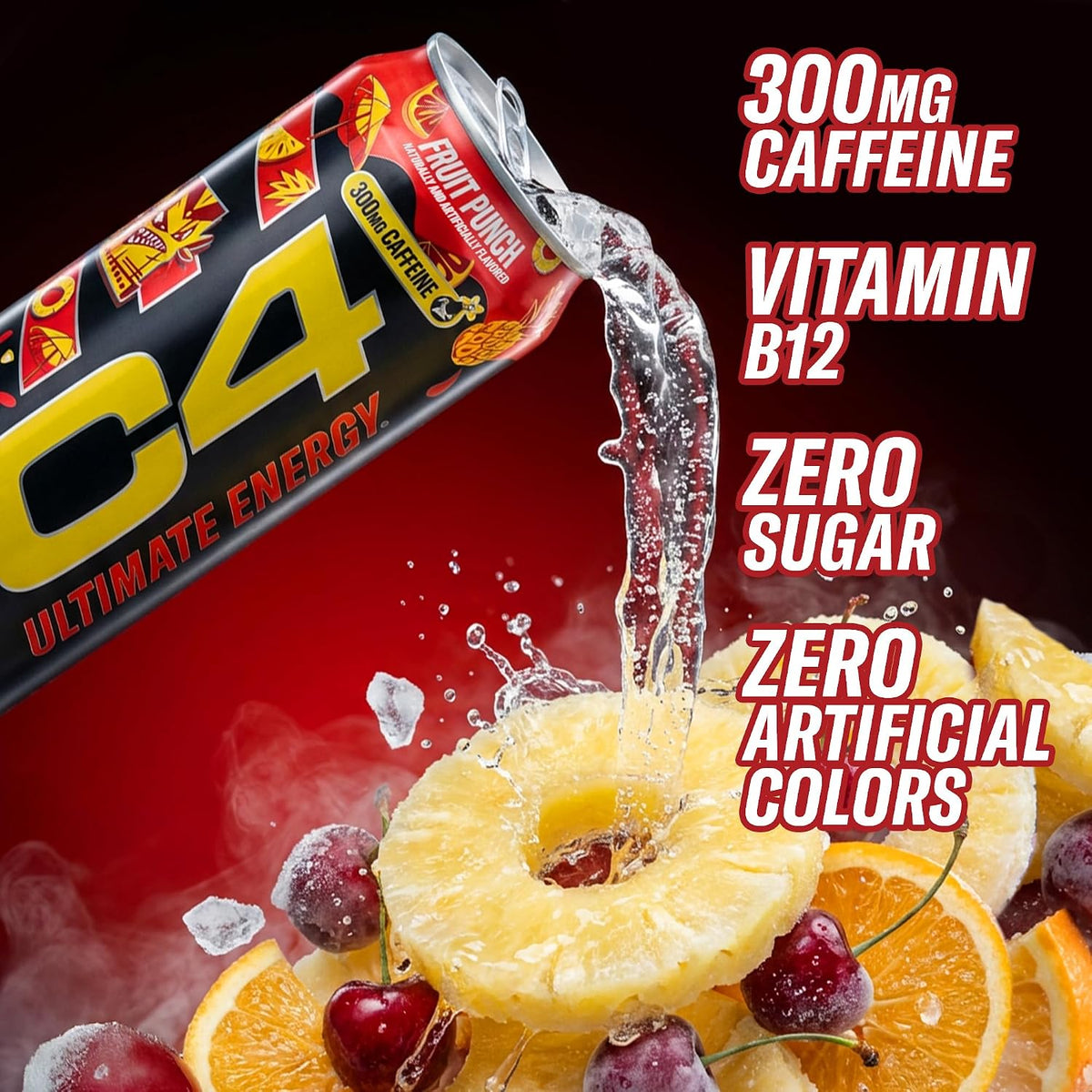 Ultimate Zero Sugar Energy Drink, Tri-Stim Experience with 300Mg Caffeine + Teacrine + Dynamine, Fruit Punch, 16Oz (Pack of 12)