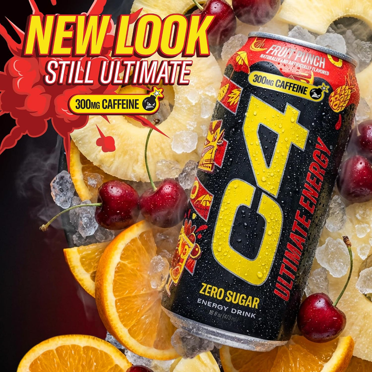 Ultimate Zero Sugar Energy Drink, Tri-Stim Experience with 300Mg Caffeine + Teacrine + Dynamine, Fruit Punch, 16Oz (Pack of 12)