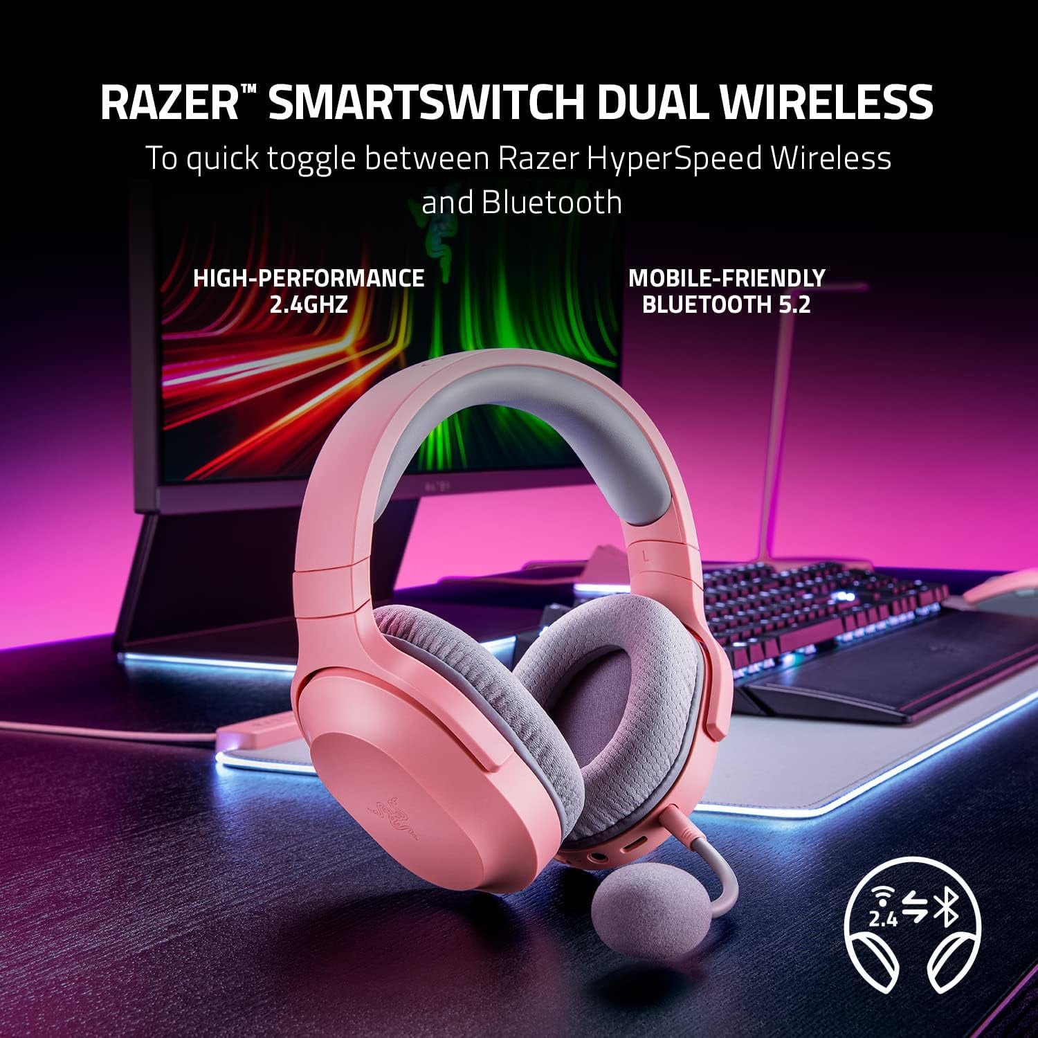 Razer Barracuda X Wireless Gaming & Mobile Headset, Quartz Pink | 2.4Ghz + Bluetooth, Lightweight, 40Mm Drivers, Detachable Mic, 50 Hr Battery