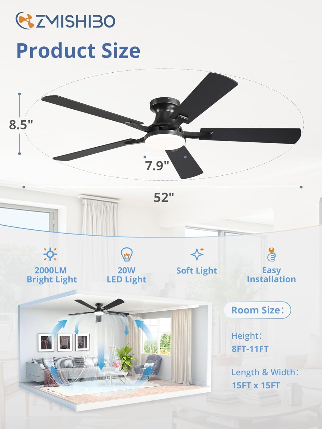 52 Inch Ceiling Fans with Lights, Remote&App Control, Flush Mount | Low Profile, Dimmable 20W LED Light, Quiet Reversible Motor, Strong Airflow, Easy Install for Bedroom/Living Room/Apt, Black