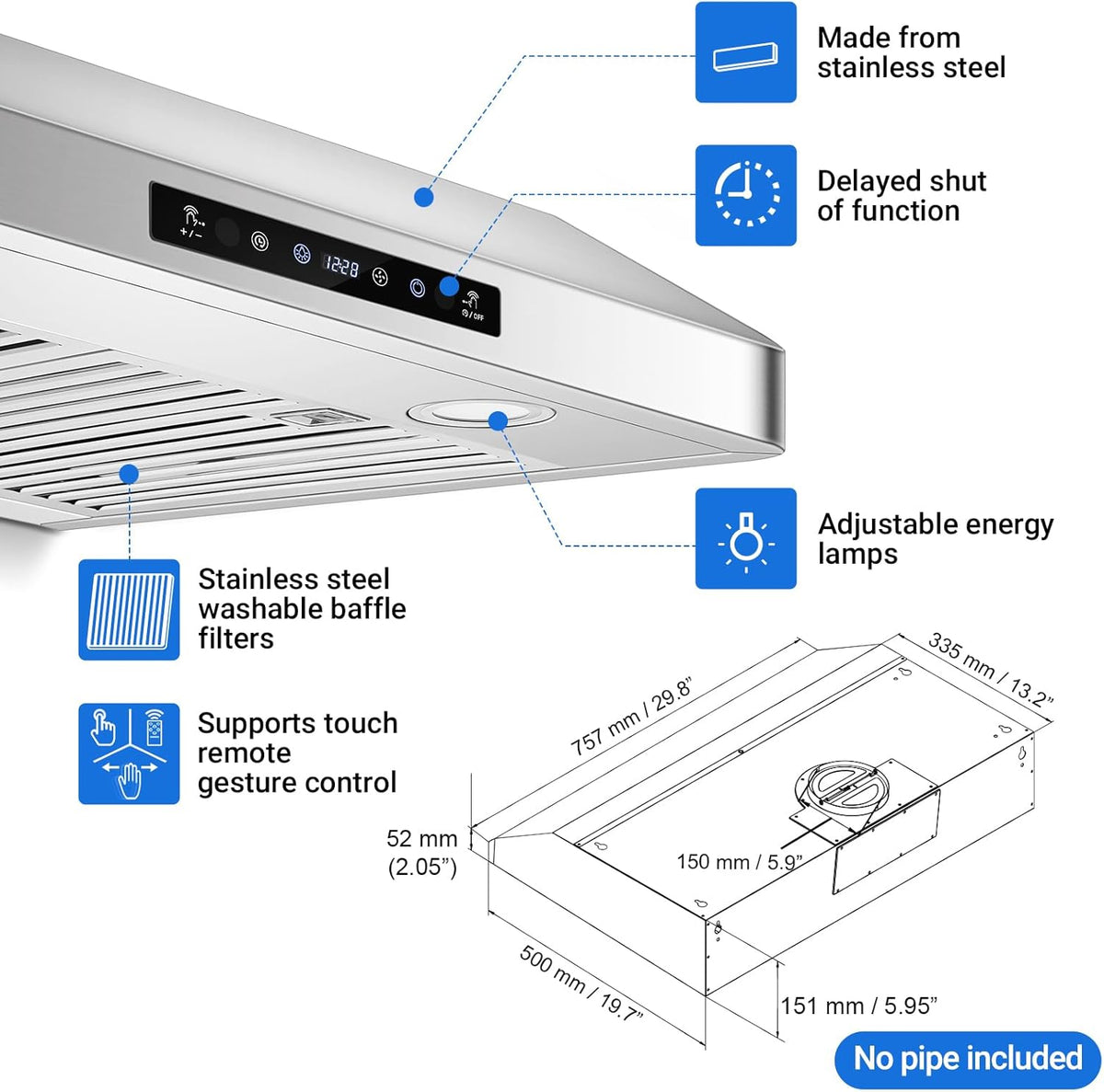 30" under Cabinet Range Hood, 750CFM Stainless Steel Vent Hood | Stainless Steel Hood with Touch/Remote/Gesture Control, Timer, LED Lights & Dishwasher-Safe Baffle Filters 3 Outlets
