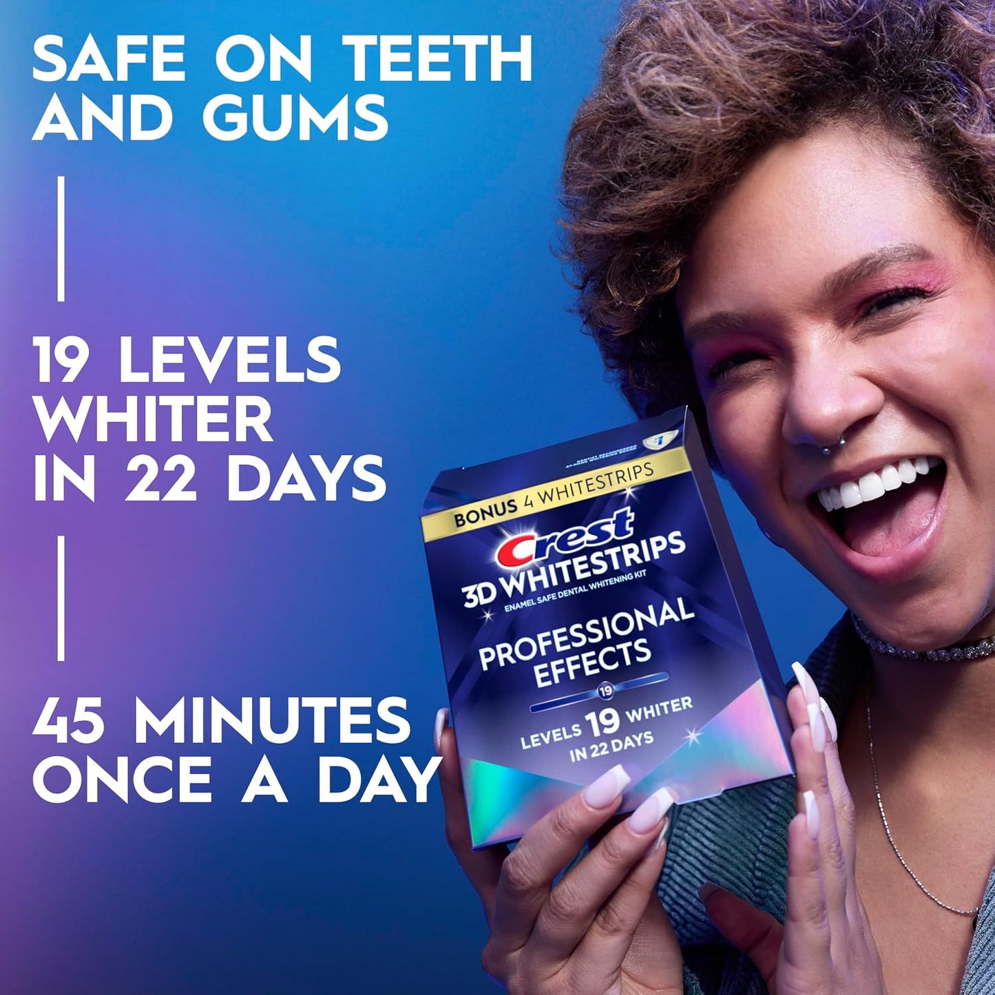 Get 19 Shades Whiter Smile: Professional 3D Teeth Whitening Strips Kit – Enamel-Safe Fast Whitener (22 Treatments, 44 Strips).