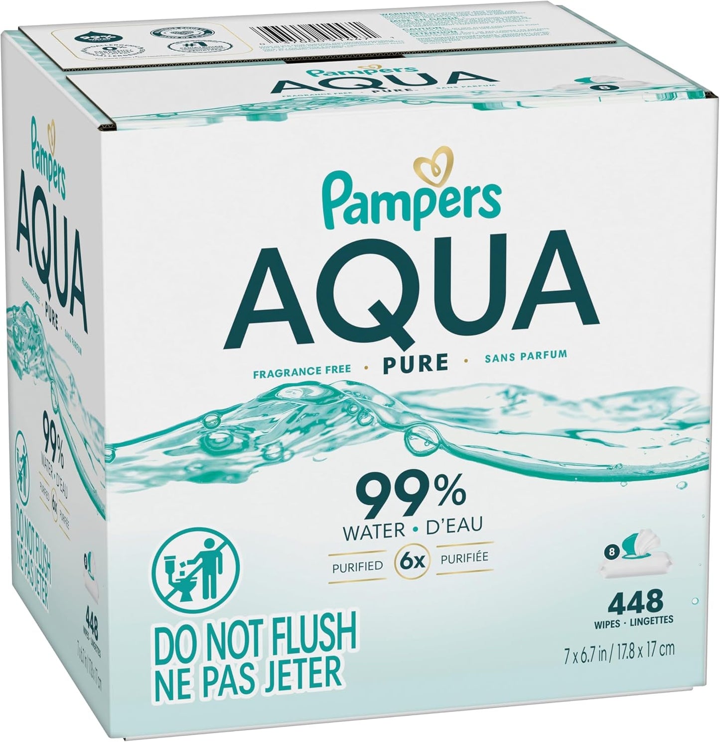 Aqua Pure Baby Wipes, 99% Water, Fragrance Free, Unscented, Water Based, Multi-Use, 448 Wipes Total (8X Flip-Top Packs) [Packaging May Vary]