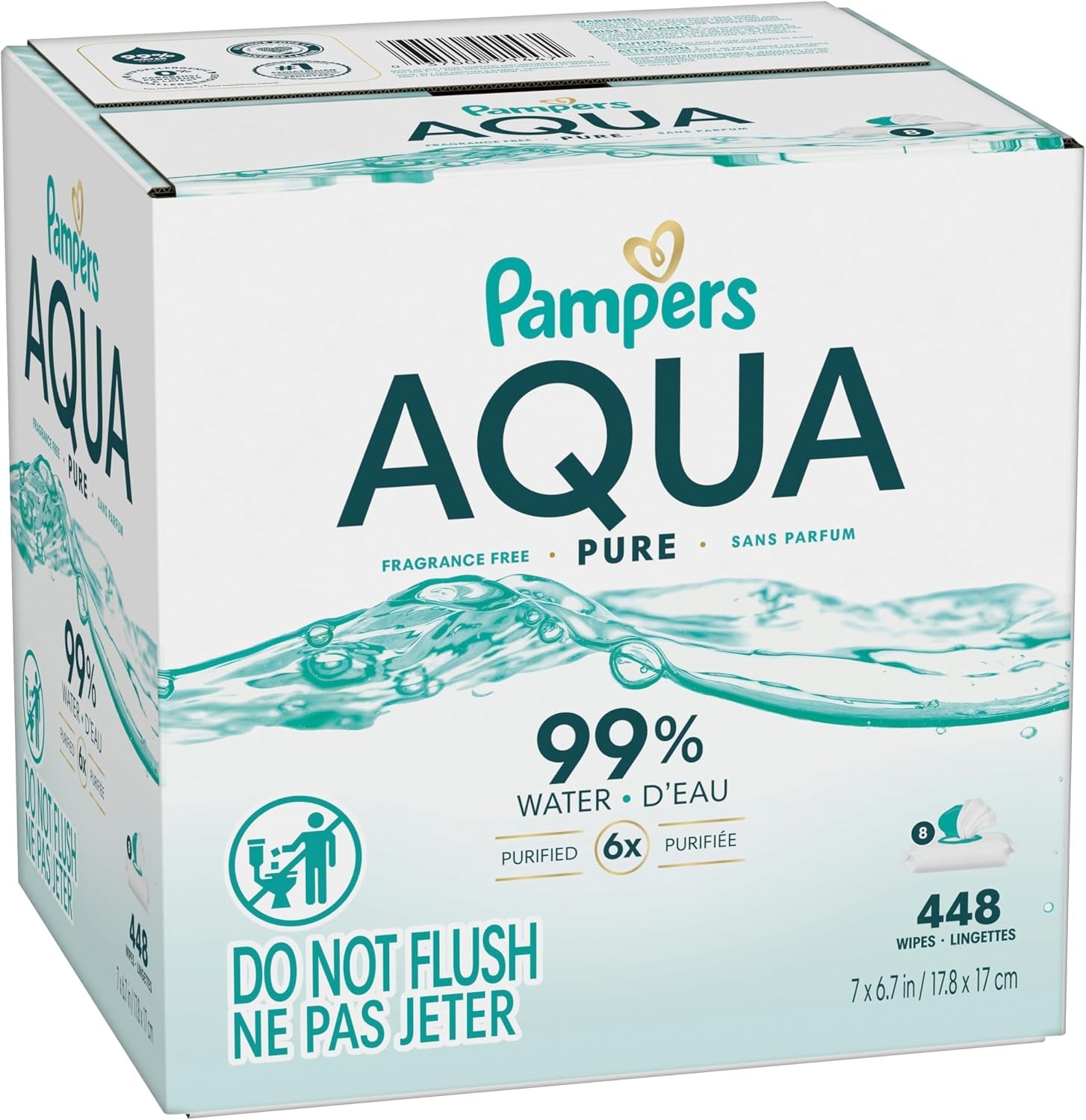 Aqua Pure Baby Wipes, 99% Water, Fragrance Free, Unscented, Water Based, Multi-Use, 448 Wipes Total (8X Flip-Top Packs) [Packaging May Vary]