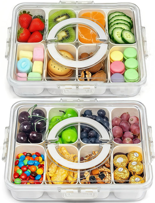 2 Pack Snackle Box –Air Tight Snack Containers with Divided, Lids&Handle –Clear Serving Tray for Fruits, Candy, Nuts –Portable for Travel, Parties, Daily Use (8 Containers Dishwasher Safe)