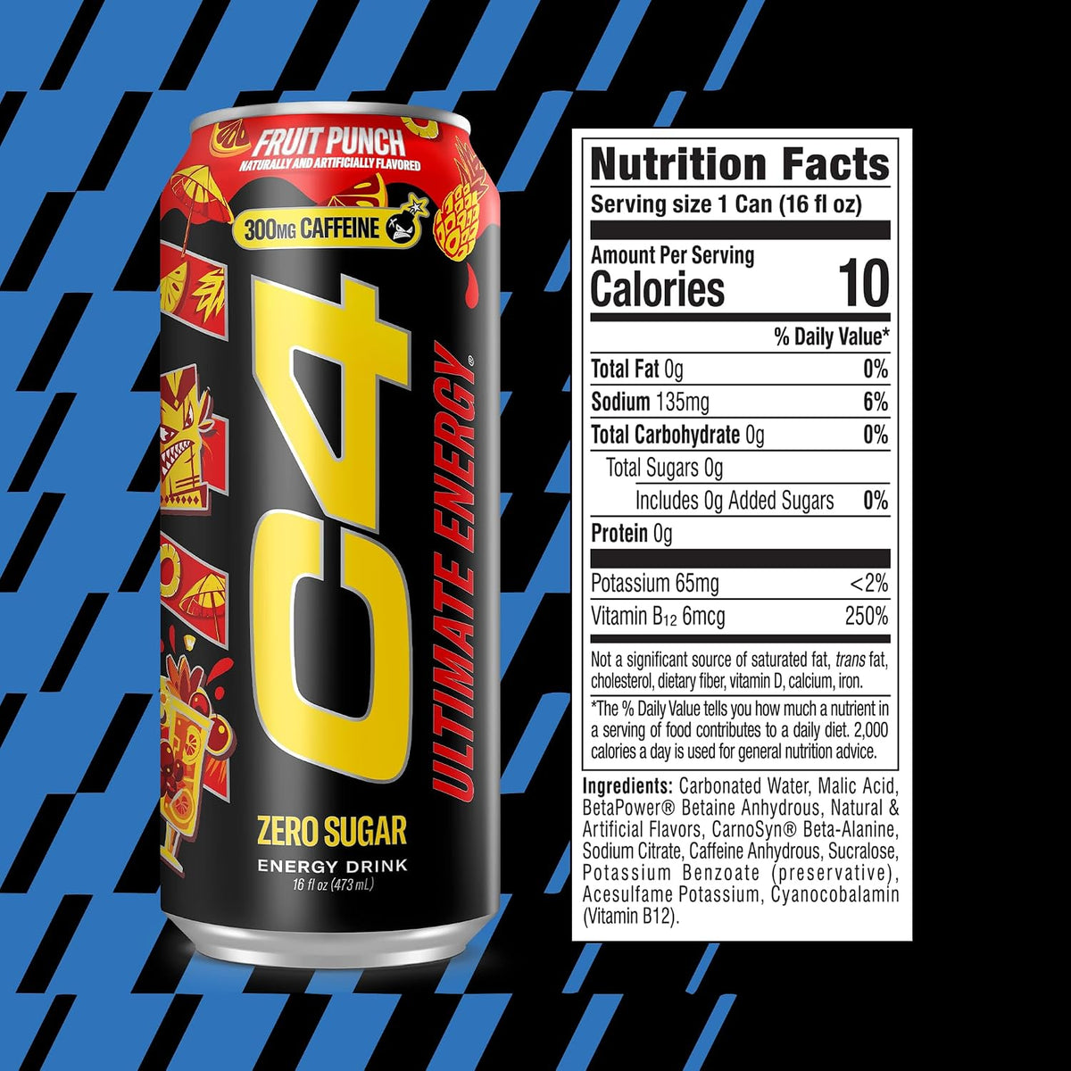 Ultimate Zero Sugar Energy Drink, Tri-Stim Experience with 300Mg Caffeine + Teacrine + Dynamine, Fruit Punch, 16Oz (Pack of 12)