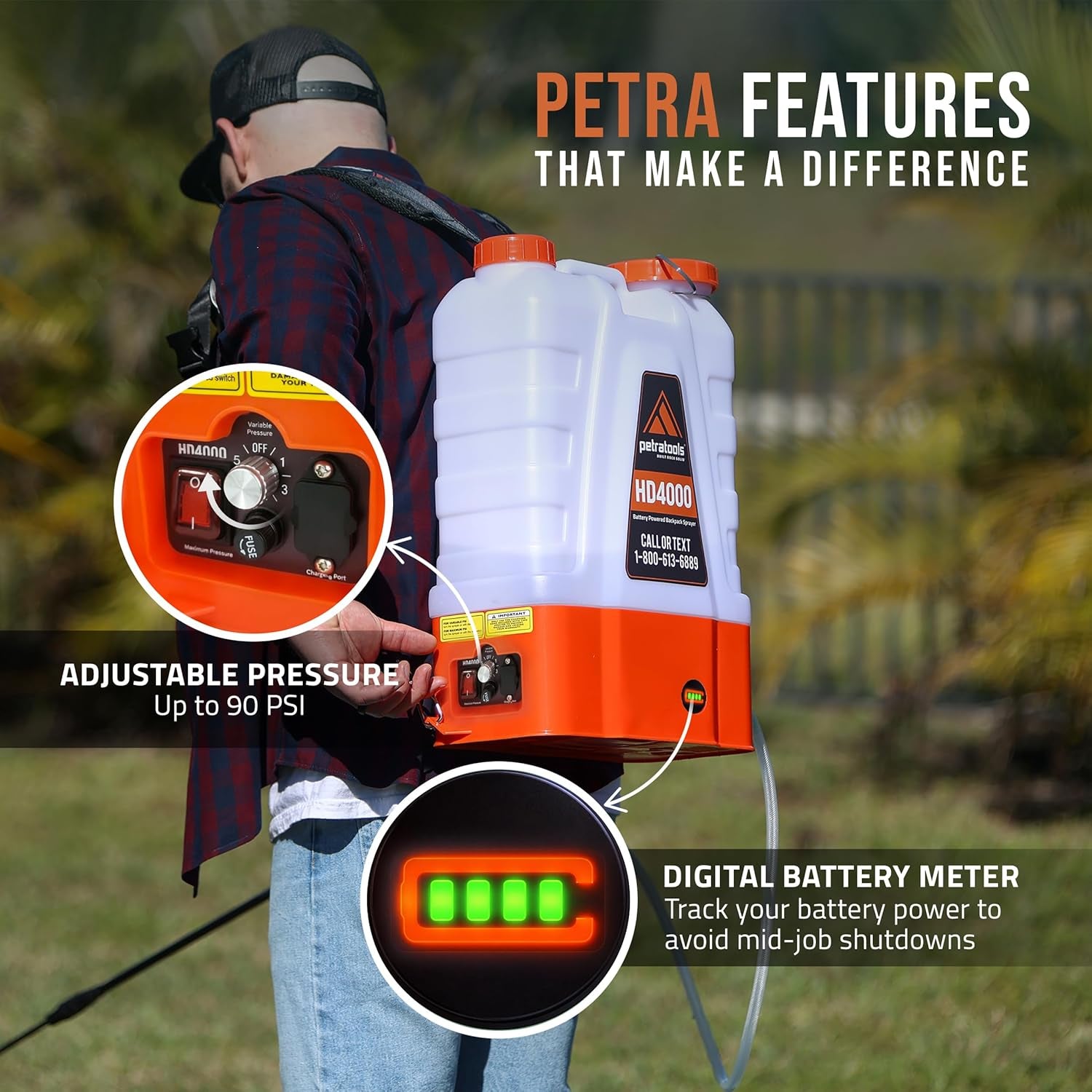 tools HD4000 Battery Powered Backpack Sprayer, 6 Hr Runtime, 6 Nozzles | Electric Sprayer for Lawn & Garden W/ Battery Meter, Adjustable 90 PSI & Padded Straps - for Weed/Pest Control, Fertilizing