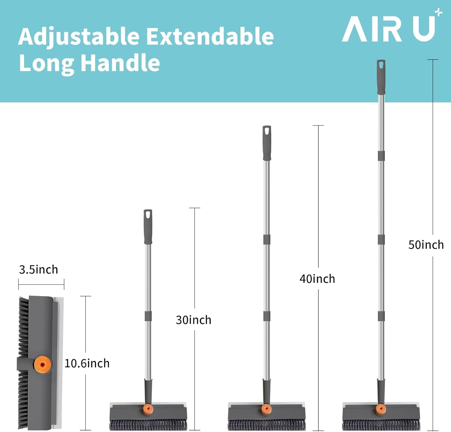 Floor Scrub Brush with Long Handle, 3-In-1 Rotating Head & Squeegee | Stiff Dual-Sided Bristles for Shower, Bathroom, Kitchen and Patio, 30–50 in Handle for Easier Stand-Up Cleaning, Gray