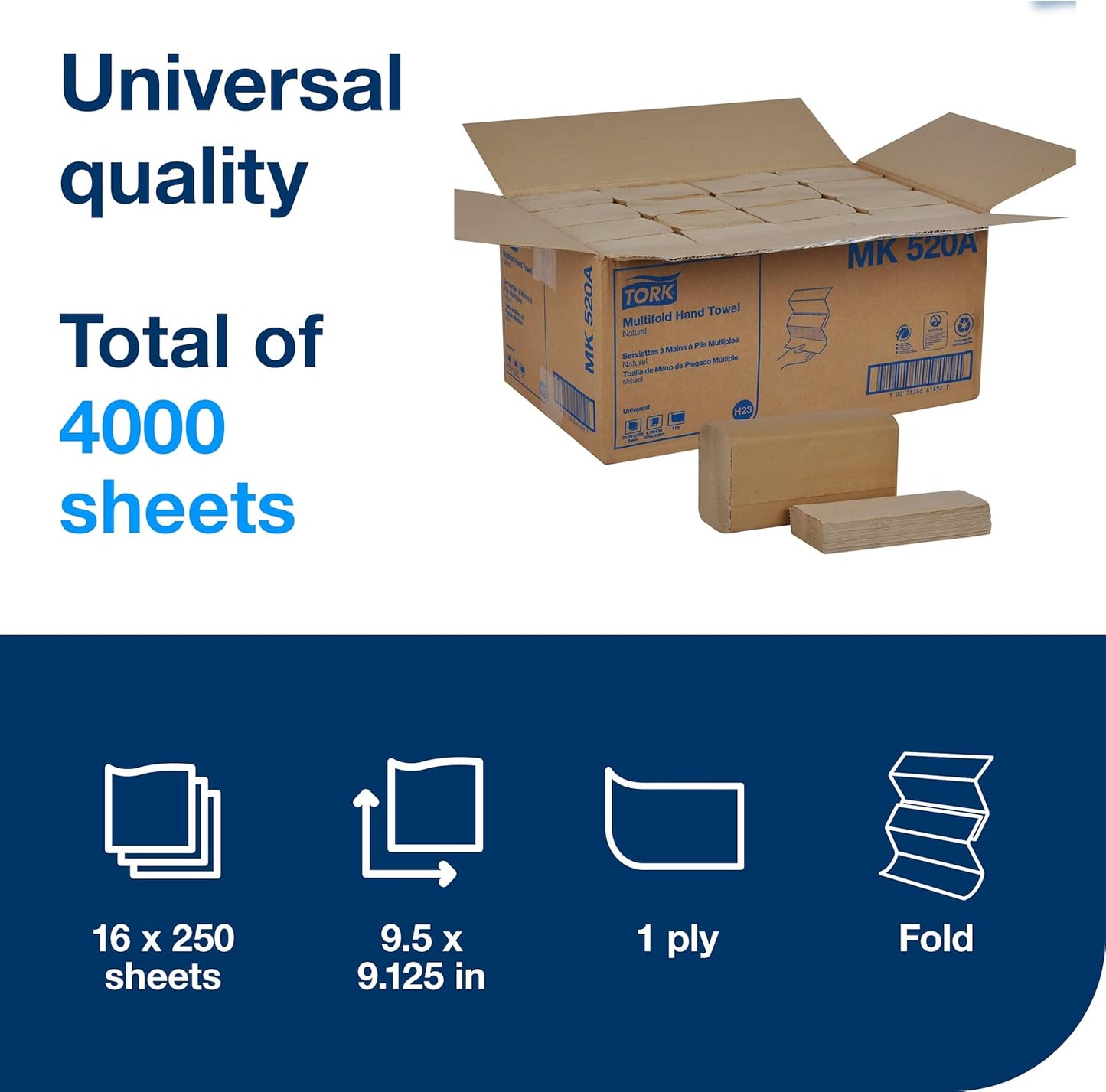 Multifold Hand Towel, Natural, 100% Recycled, FSC Certified, Compatible with H2 Dispensers, 16 Packs X 250 Sheets (MK520A) | 1-Ply Paper, 100% Recycled Fiber, 250 per Bundle, H2 Dispenser Compatible, Touch Free Dispensing, 9.5 X 9.1 In