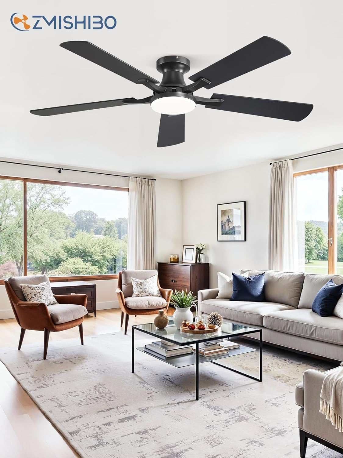 52 Inch Ceiling Fans with Lights, Remote&App Control, Flush Mount | Low Profile, Dimmable 20W LED Light, Quiet Reversible Motor, Strong Airflow, Easy Install for Bedroom/Living Room/Apt, Black