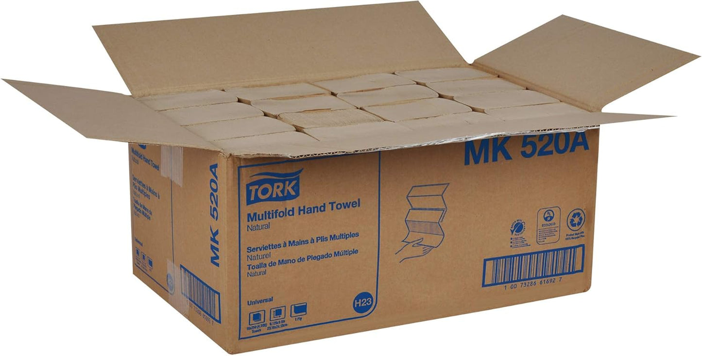 Multifold Hand Towel, Natural, 100% Recycled, FSC Certified, Compatible with H2 Dispensers, 16 Packs X 250 Sheets (MK520A) | 1-Ply Paper, 100% Recycled Fiber, 250 per Bundle, H2 Dispenser Compatible, Touch Free Dispensing, 9.5 X 9.1 In