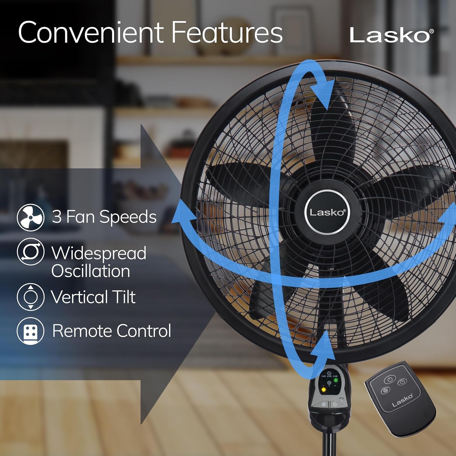 Lasko Cyclone Oscillating Pedestal Fan - Adjustable to 54" - 1843 - Black | Remote Control, Cooling Standing Fan for Bedroom, Living Room, and Home Office, 18" Blade Diameter, 3 Quiet Speeds