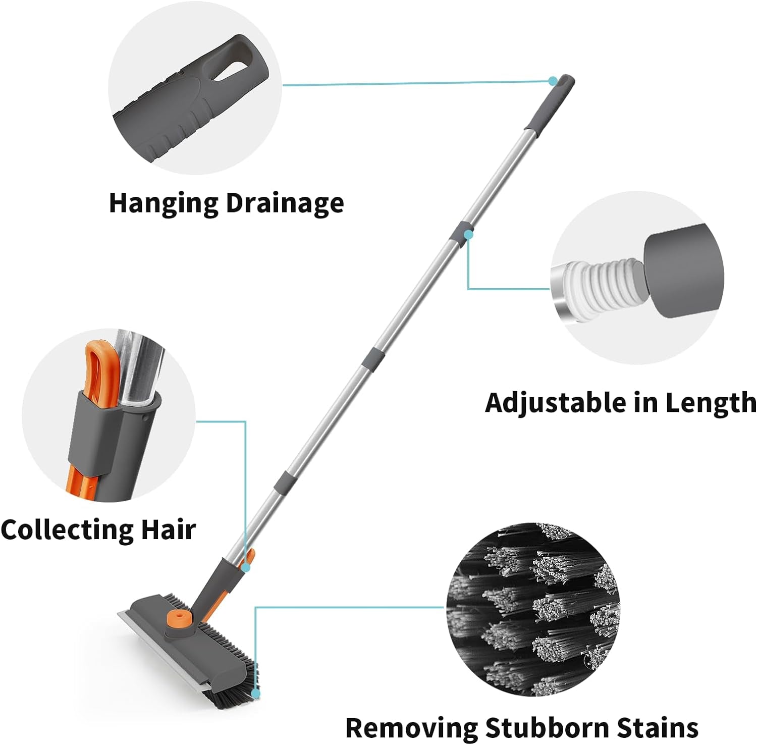 Floor Scrub Brush with Long Handle, 3-In-1 Rotating Head & Squeegee | Stiff Dual-Sided Bristles for Shower, Bathroom, Kitchen and Patio, 30–50 in Handle for Easier Stand-Up Cleaning, Gray