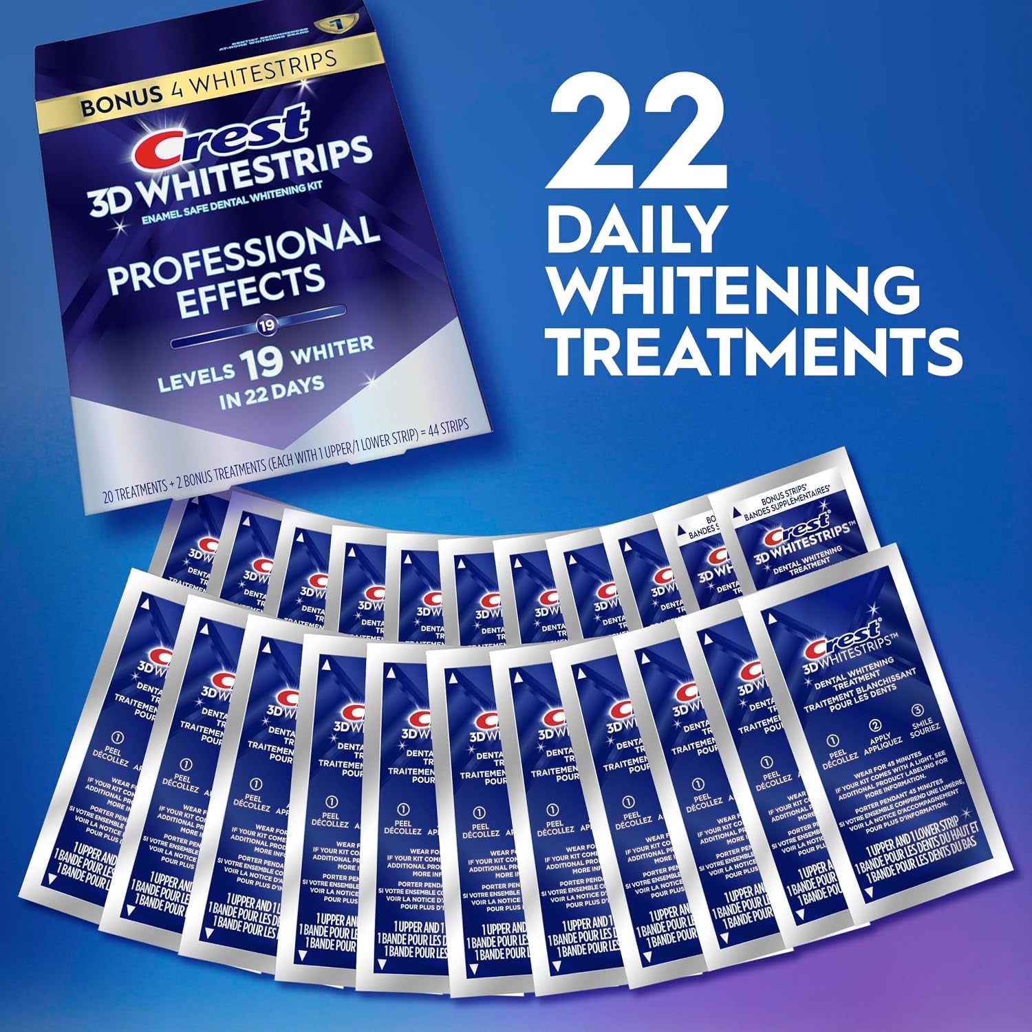 Get 19 Shades Whiter Smile: Professional 3D Teeth Whitening Strips Kit – Enamel-Safe Fast Whitener (22 Treatments, 44 Strips).