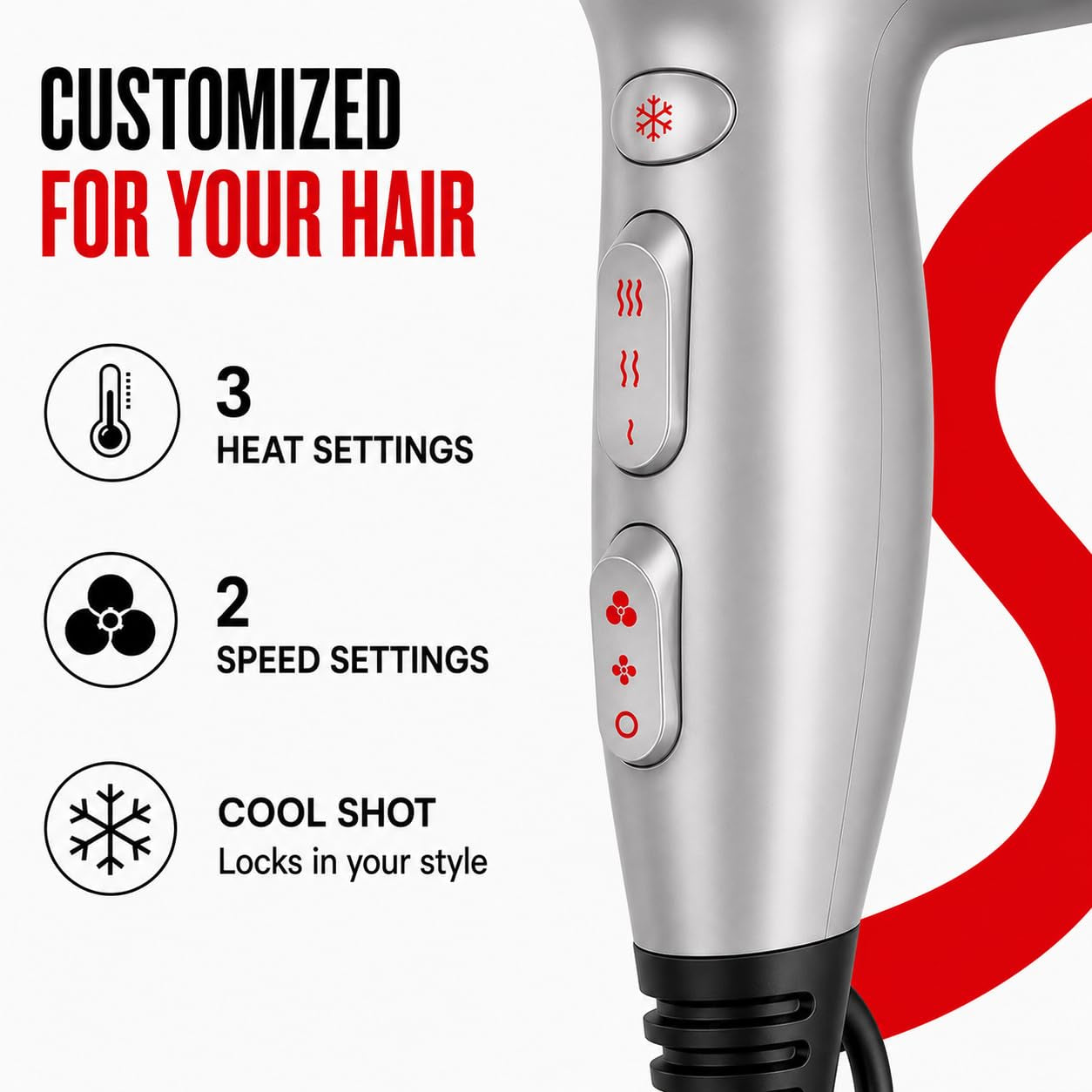 Damage Protection Hair Dryer, Ceramic Ionic Technology | Diffuser and Concentrator Attachments, 3 Piece Set, 1875W Power, 3 Heat and 2 Speed Settings