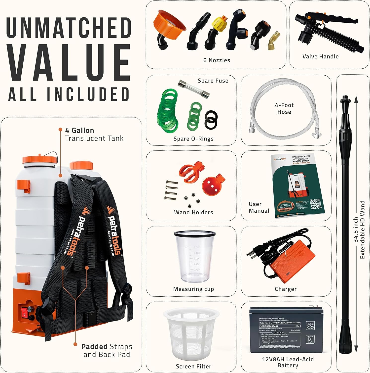 tools HD4000 Battery Powered Backpack Sprayer, 6 Hr Runtime, 6 Nozzles | Electric Sprayer for Lawn & Garden W/ Battery Meter, Adjustable 90 PSI & Padded Straps - for Weed/Pest Control, Fertilizing