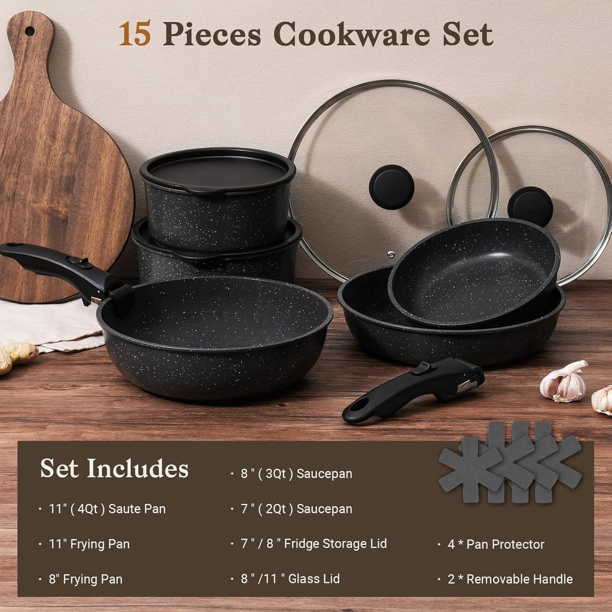 15Pcs Pots and Pans Set Non Stick, Detachable Handle, Induction | Nonstick,Black, Aluminum, Granite Coating,Induction Ready, RV Kitchen, Stackable Design, Space-Saving for Small Kitchens